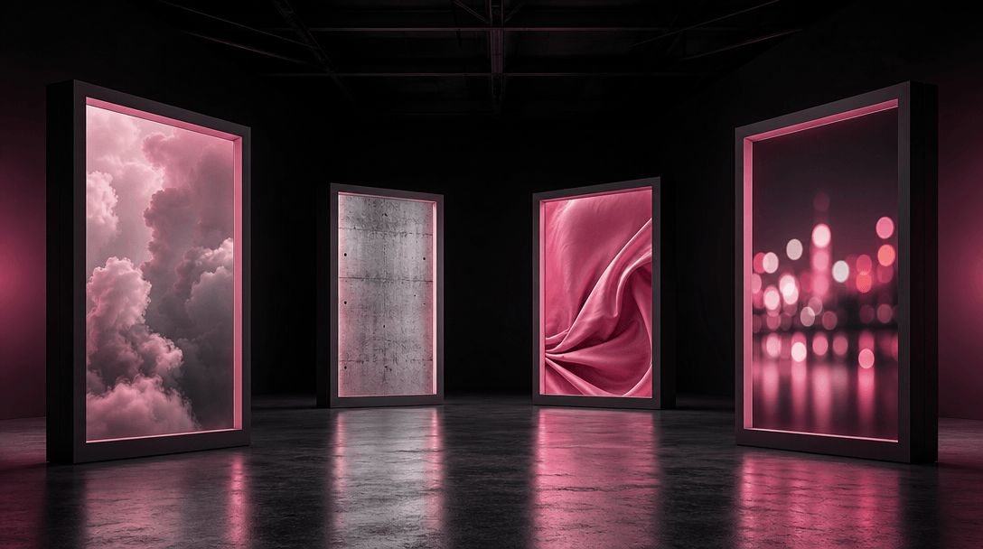 Four empty illuminated display frames arranged within a cavernous black studio, each framing a different atmospheric mat