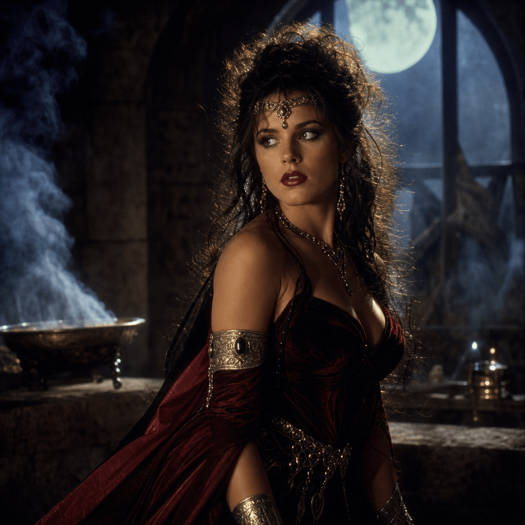 An original 1990s-inspired fantasy heroine in a moonlit stone chamber, deep burgundy velvet costume, metallic accessorie