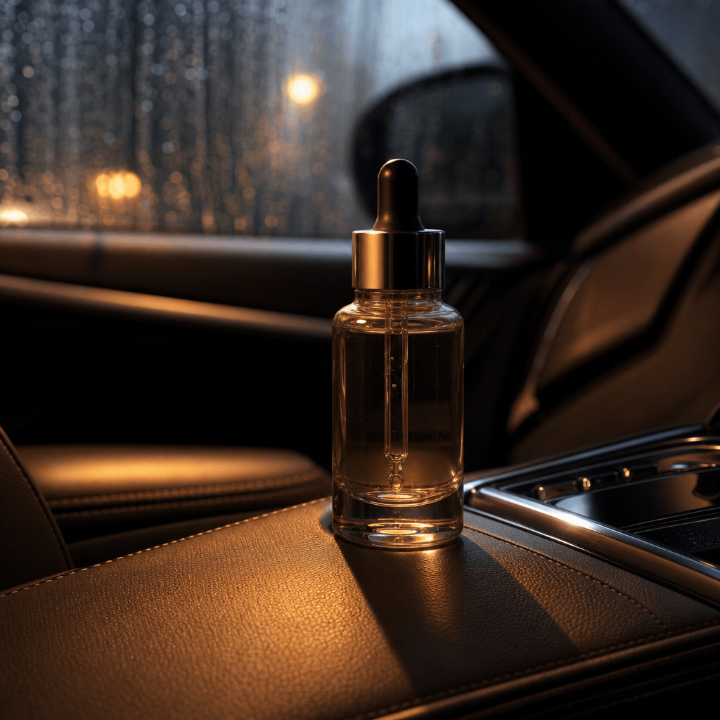 Close-up of a skincare serum bottle resting on a car center console, warm amber interior light casting soft elongated sh