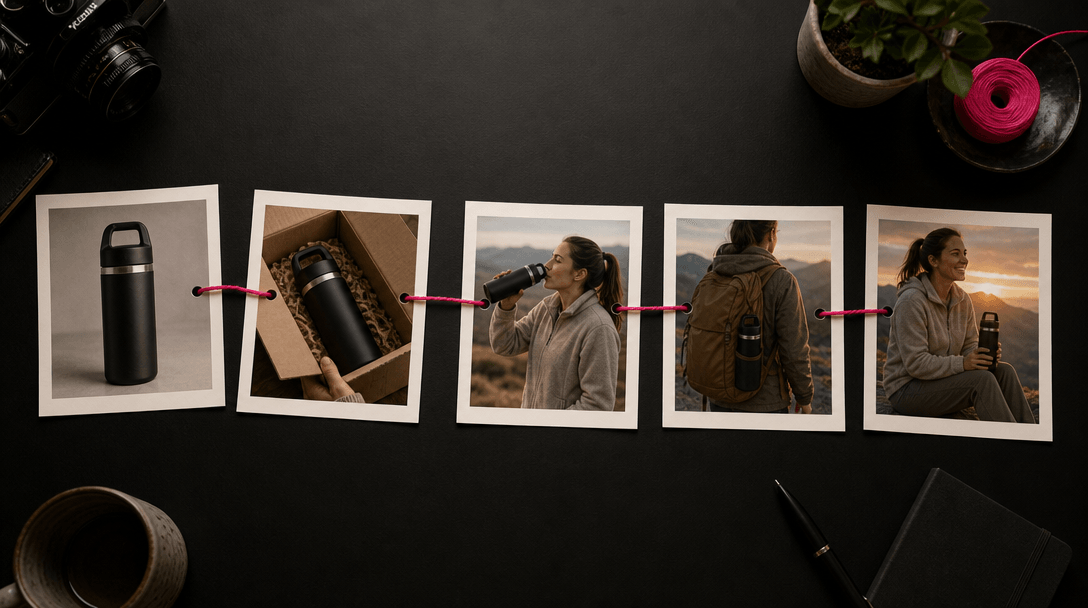 A sequence of physical photo prints arranged from an initial product detail to a satisfying real-world outcome, flowing 