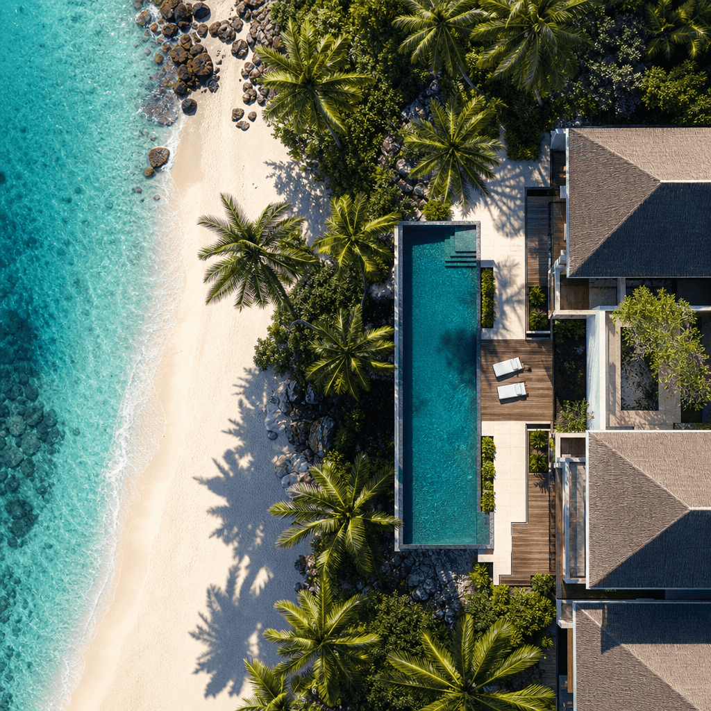 Straight-down nadir aerial view of a luxury beachfront villa with infinity pool blending into ocean horizon, turquoise w