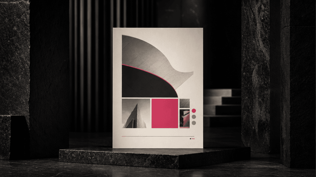 A single illuminated company profile sheet centered inside a dark architectural space, supporting abstract forms arrange