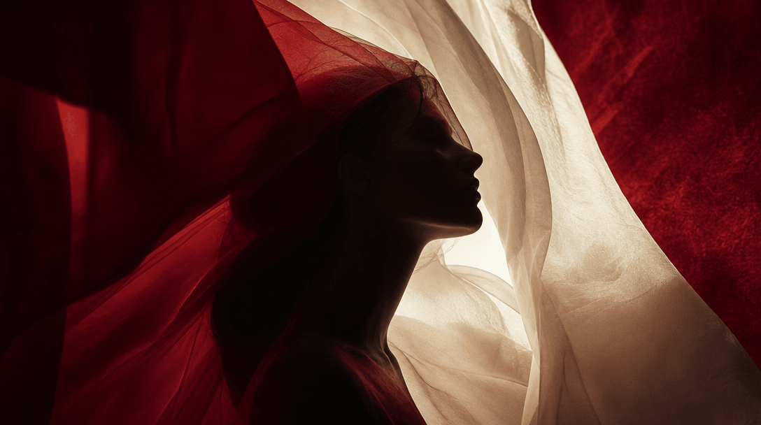 Abstract portrait silhouette emerging through layered red velvet and soft off-white light, dark editorial atmosphere, ci