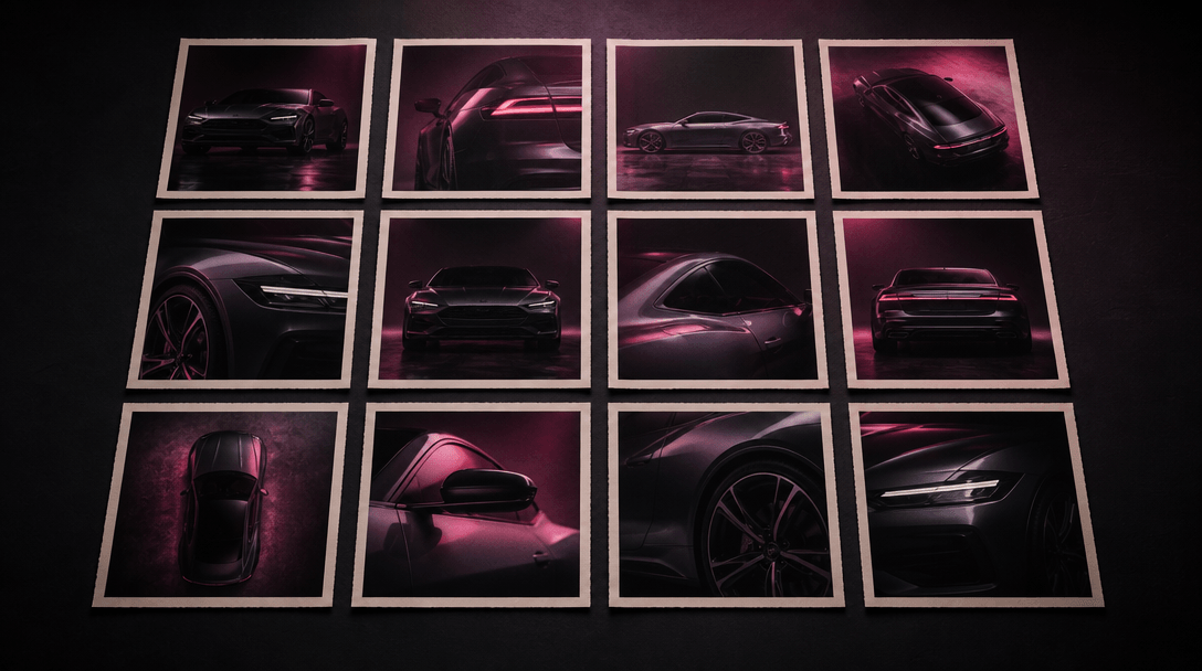 An abstract contact-sheet concept expressed without an interface: twelve square photographic prints arranged precisely a