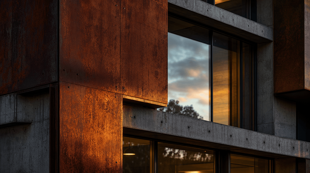 Close detail study of a contemporary building facade — weathered Corten steel panels, exposed structural concrete reveal