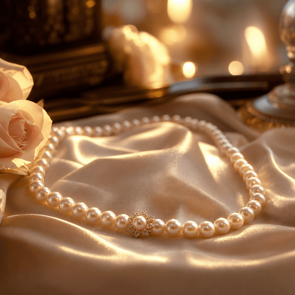 Romantic jewelry on satin fabric, pearl necklace bathed in golden hour light, warm bokeh background, luxury presentation