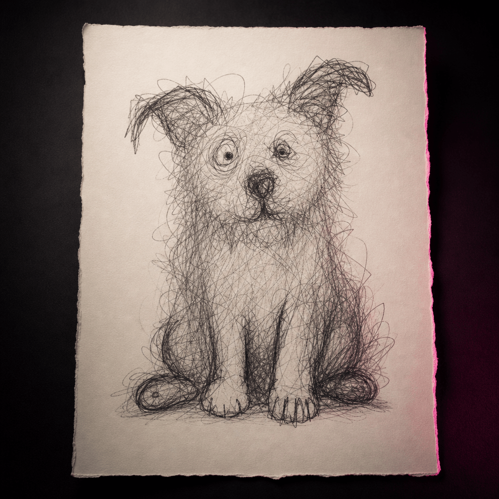 A fluffy household pet transformed into deliberately pathetic scribble art, tangled pencil lines suggesting fur, mismatc