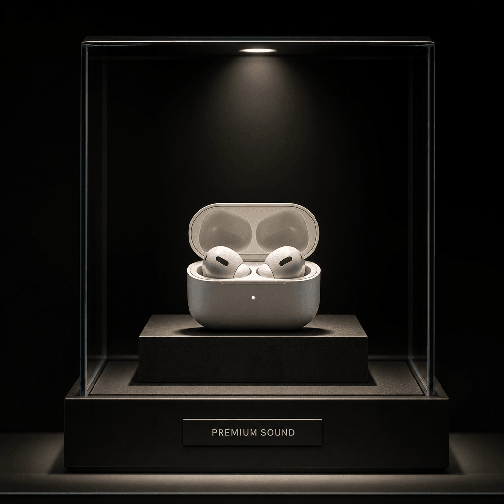 Premium wireless earbuds in a minimalist display case with soft studio lighting. Dark background emphasizes the product.