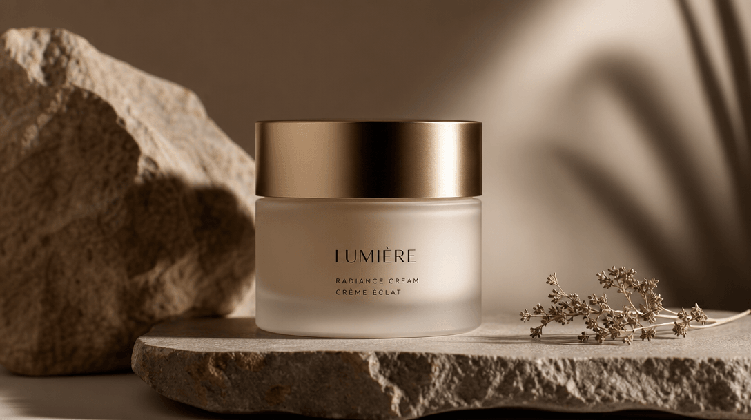 Professional lighting setup illuminating a beauty product. Soft directional light creating rich shadows and highlights o