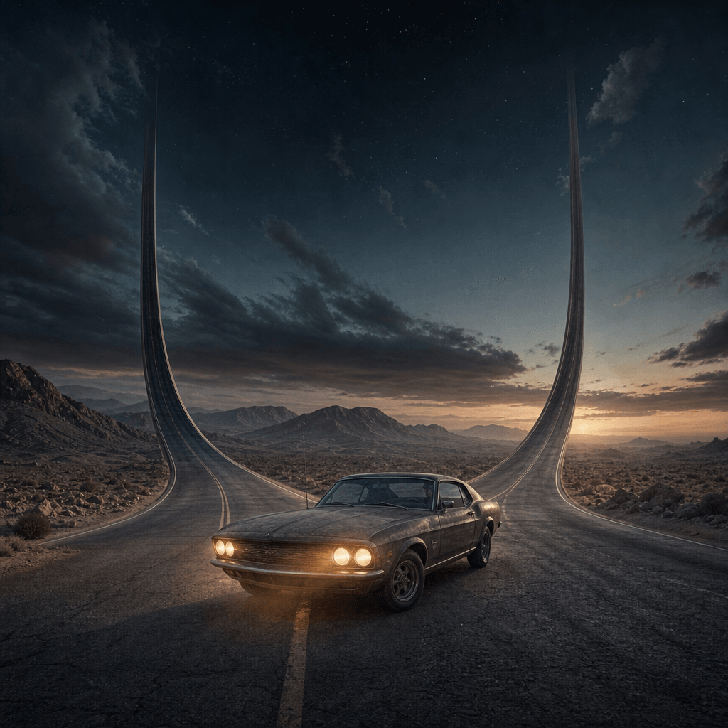 A parked vintage car at the center of an impossible desert panorama where the road divides and rises into the sky. Deep 