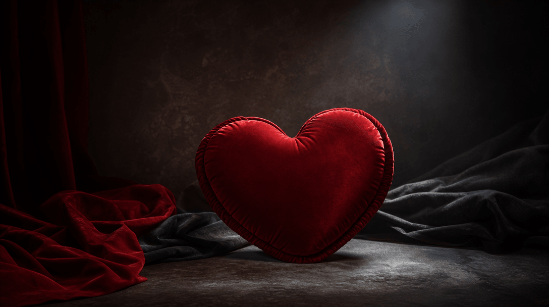 A plush crimson heart pillow arranged in a complete dark studio set with charcoal flooring, soft draped fabric, one focu