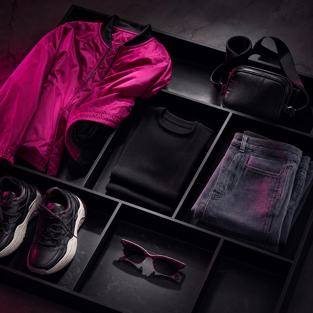 A vibrant weekend streetwear outfit displayed as a fashion planner still life: oversized jacket, graphic-free top, denim