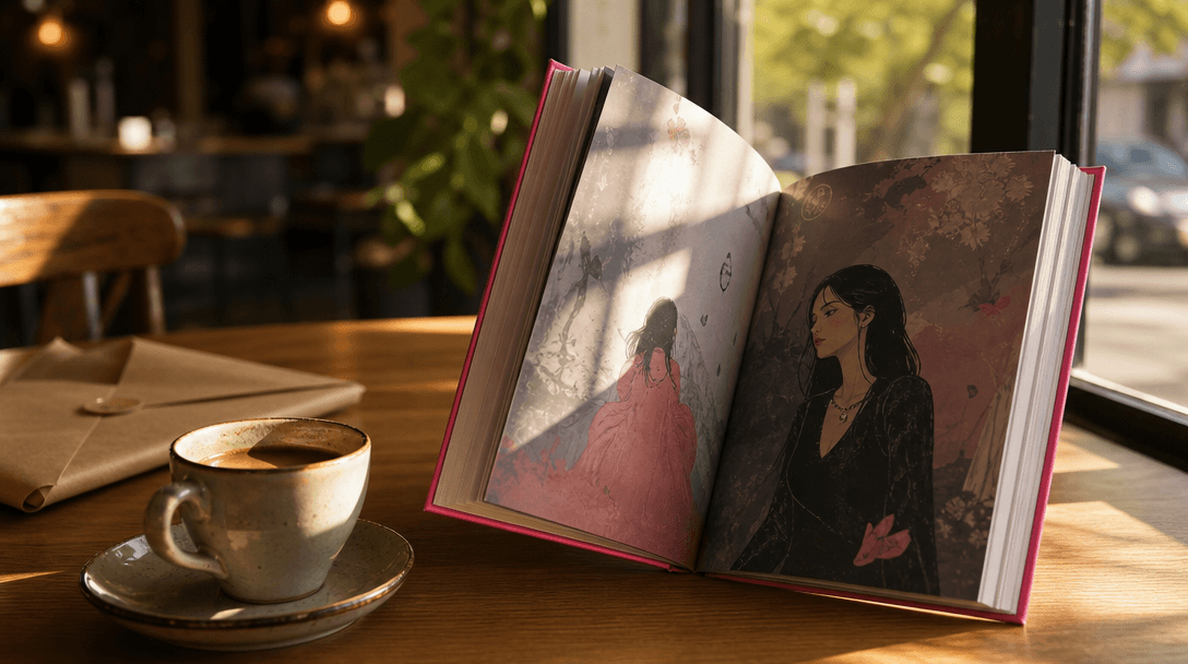 Book launch marketing mood: a hardcover propped open on a warm cafe table beside a ceramic espresso cup, afternoon windo