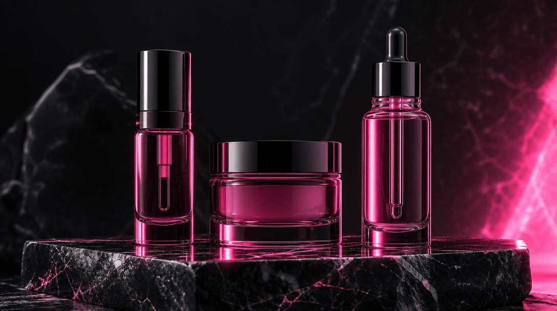 Dark editorial ecommerce product scene: three luxury skincare bottles arranged on a polished black marble slab, hot pink