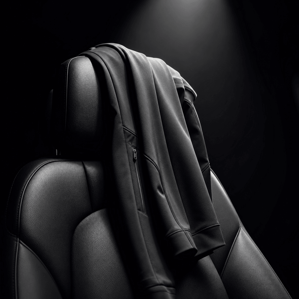 Minimalist athletic apparel item draped over a car headrest in low-key studio-style directional light, dark premium leat