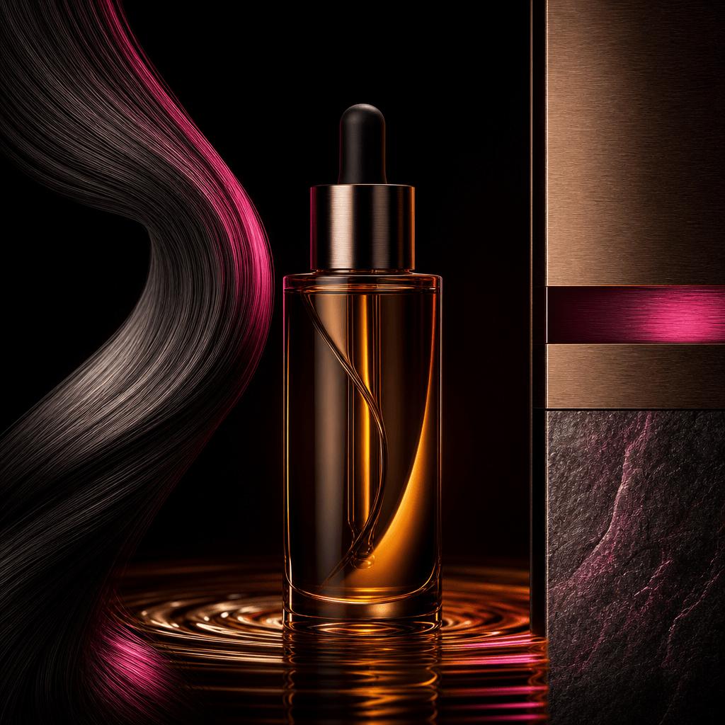 Premium hair oil bottle staged with a glossy strand-like ribbon, amber liquid ripples, and brushed metallic surfaces arr