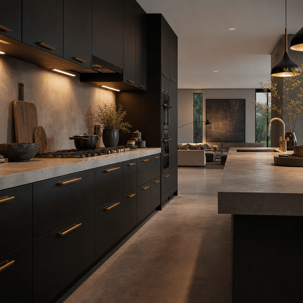 Modern open-plan kitchen with dark matte cabinetry, brushed brass hardware, honed concrete countertops. Under-cabinet LE
