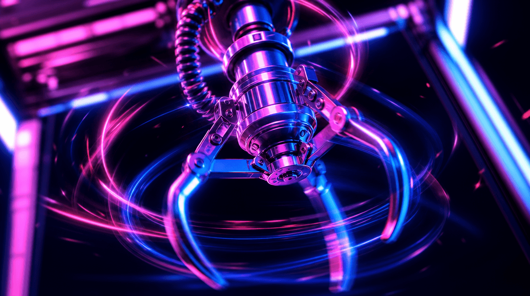 Dynamic neon glow on a spinning claw mechanism against dark background, cinematic motion blur, arcade aesthetic, vibrant