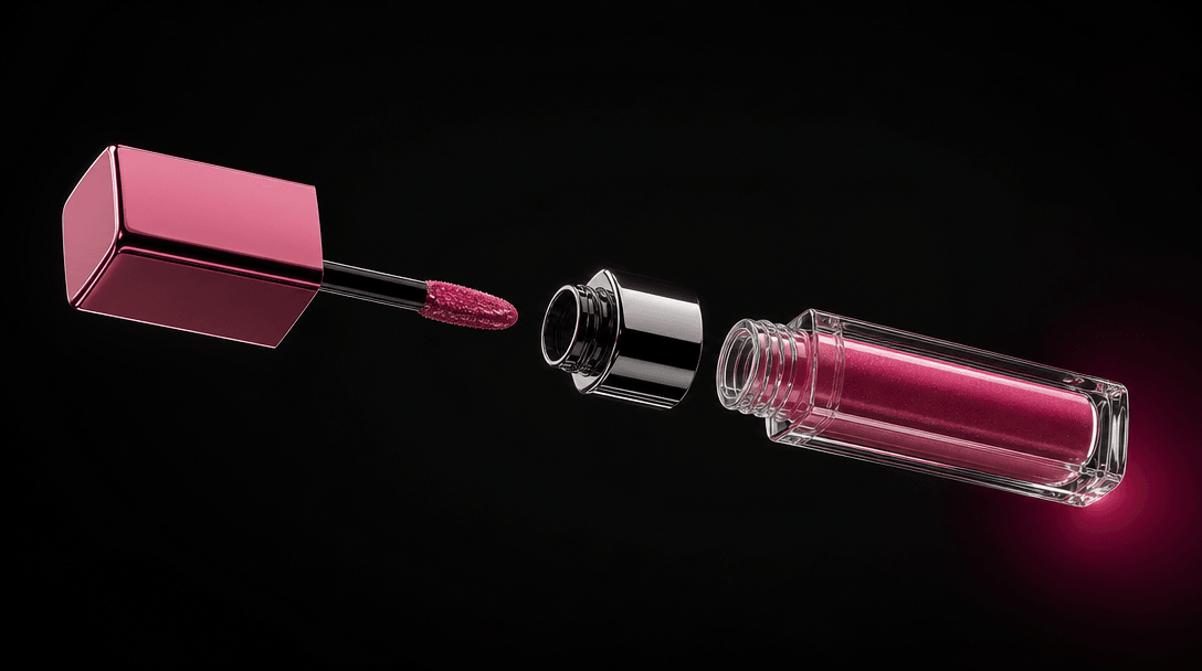 An exploded beauty product composition with cap, applicator, glass body, and reflective collar arranged in a precise flo