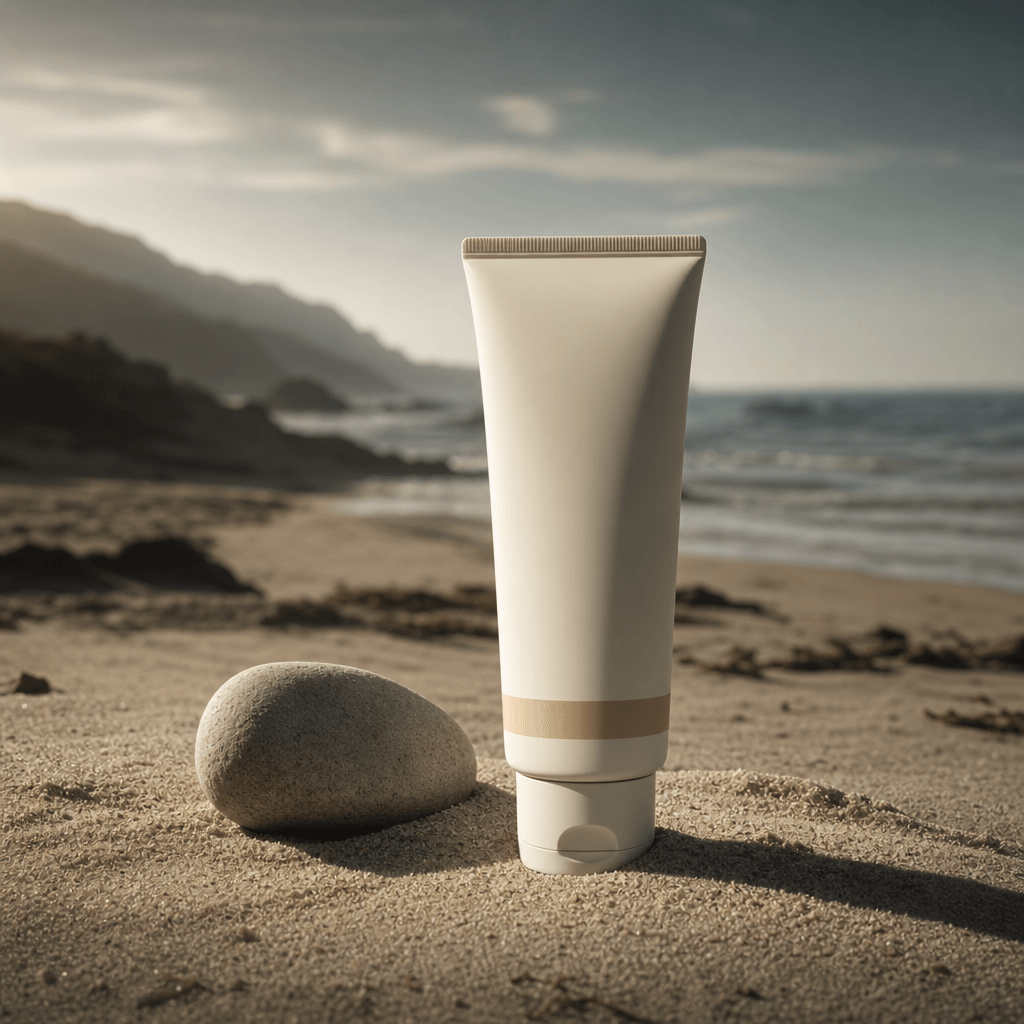 A minimalist sunscreen tube on pale coastal sand beside a smooth sea-worn stone, low warm morning light, realistic groun