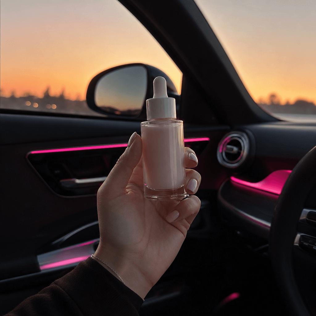 Square cinematic car interior scene with an anonymous creator naturally presenting an unbranded cosmetic serum toward th
