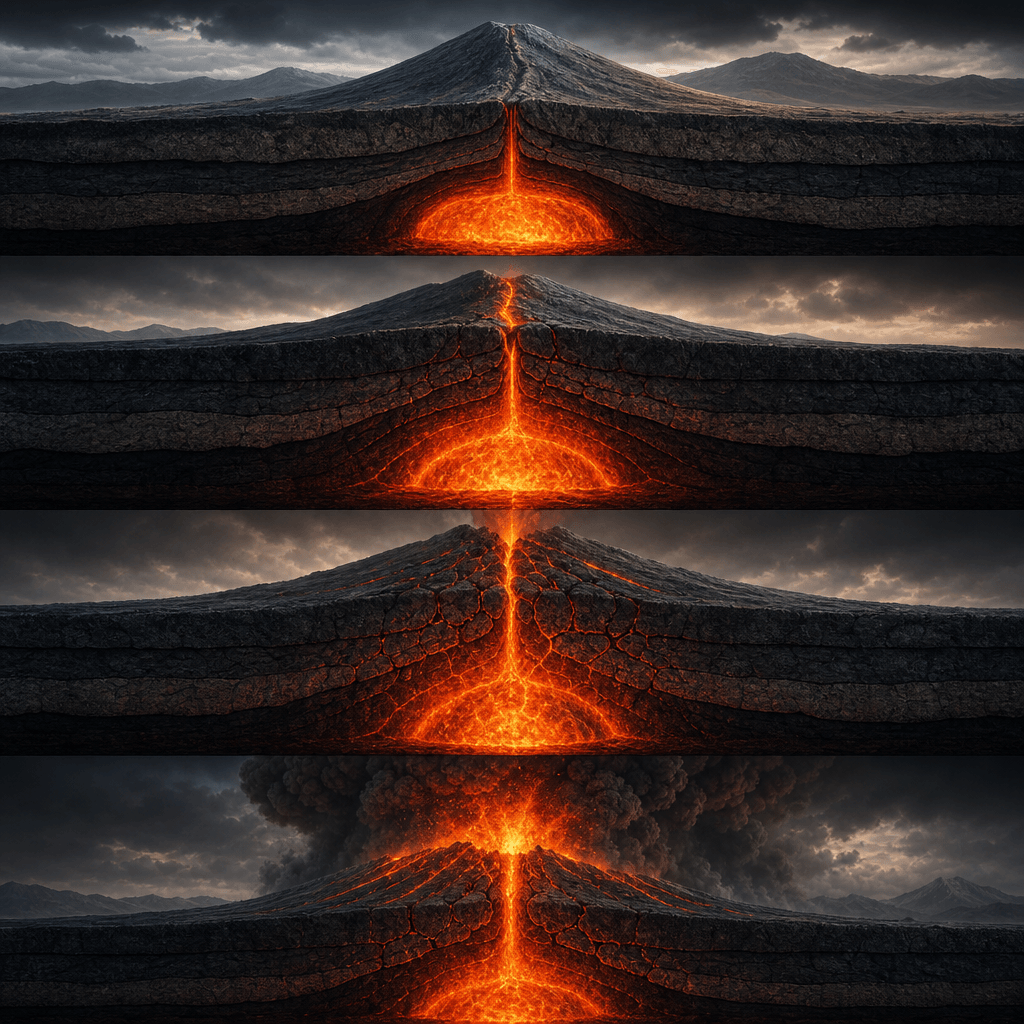 A square visual explanation of how a volcano forms and erupts, presented as layered geological cutaways with magma chamb