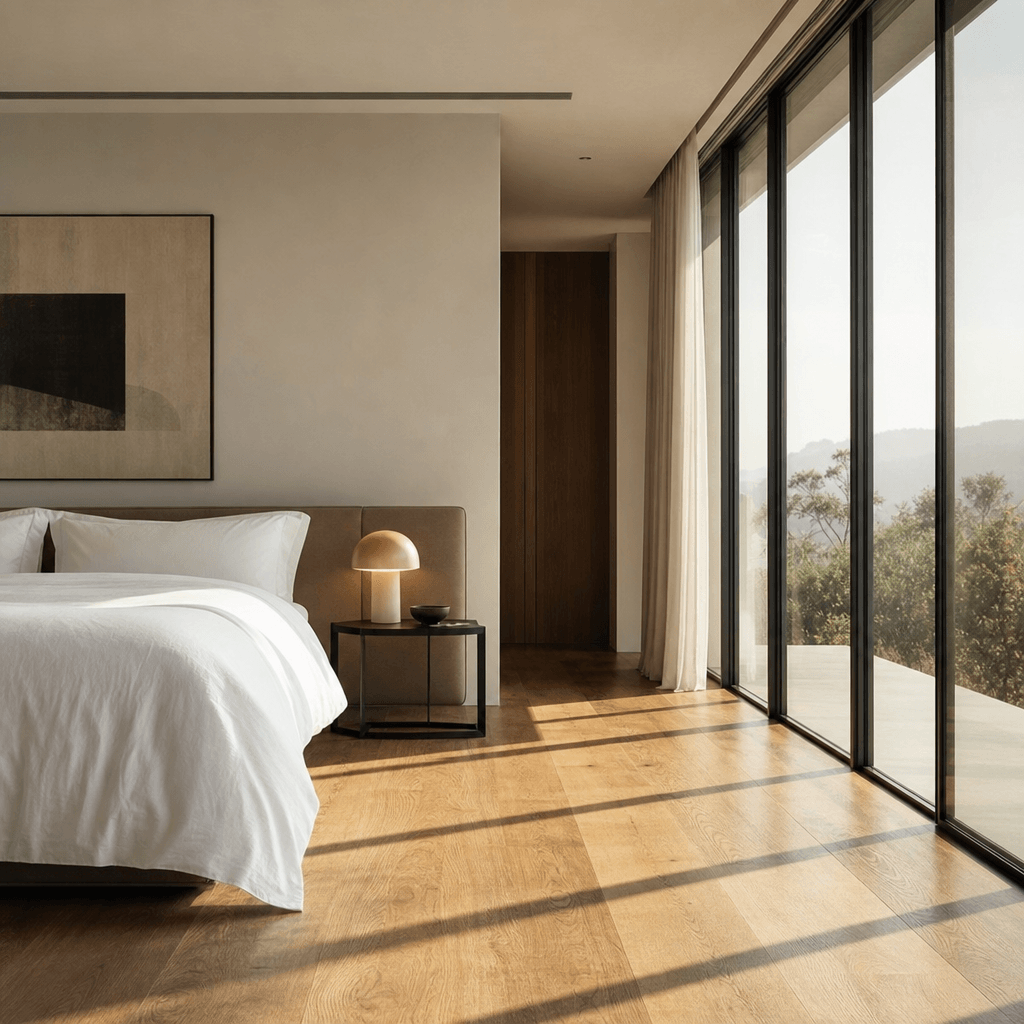 Modern minimalist bedroom interior — crisp white linen bedding, floor-to-ceiling windows with diffused morning light cas