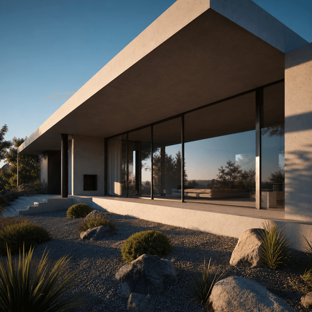 Photorealistic exterior of a contemporary concrete and glass residential house, late afternoon golden hour, harsh shadow