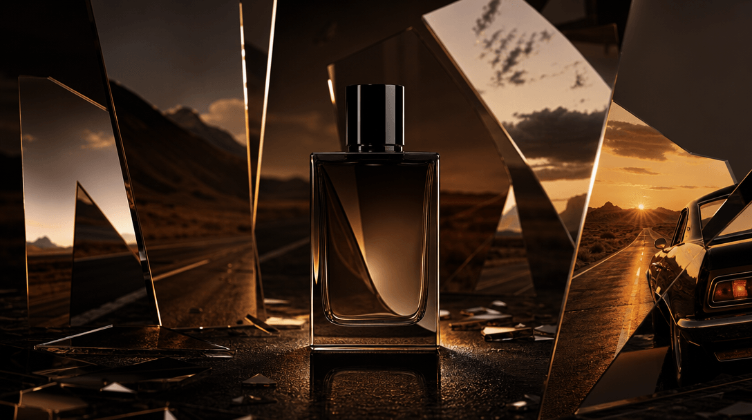 A plain beauty packshot transforming conceptually into an elaborate road-trip campaign scene through layered mirrors, ch