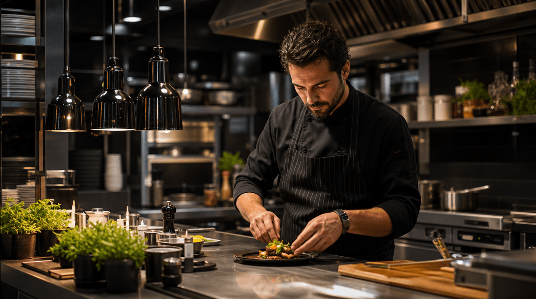 Professional restaurant kitchen environment. Sleek dark interior background with organized food preparation elements, st