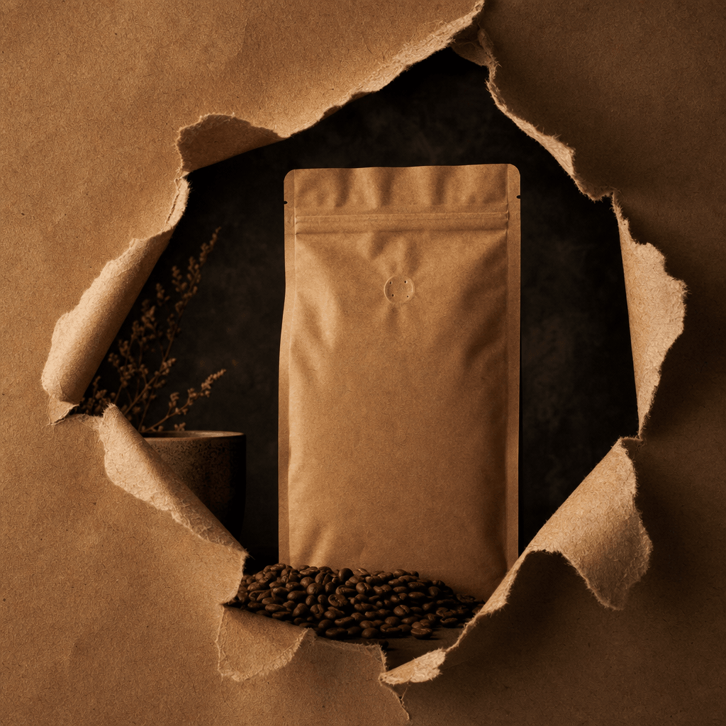 A kraft-paper artisan coffee bag revealed through a torn paper effect. Warm amber and espresso tones, deep moody dark ba