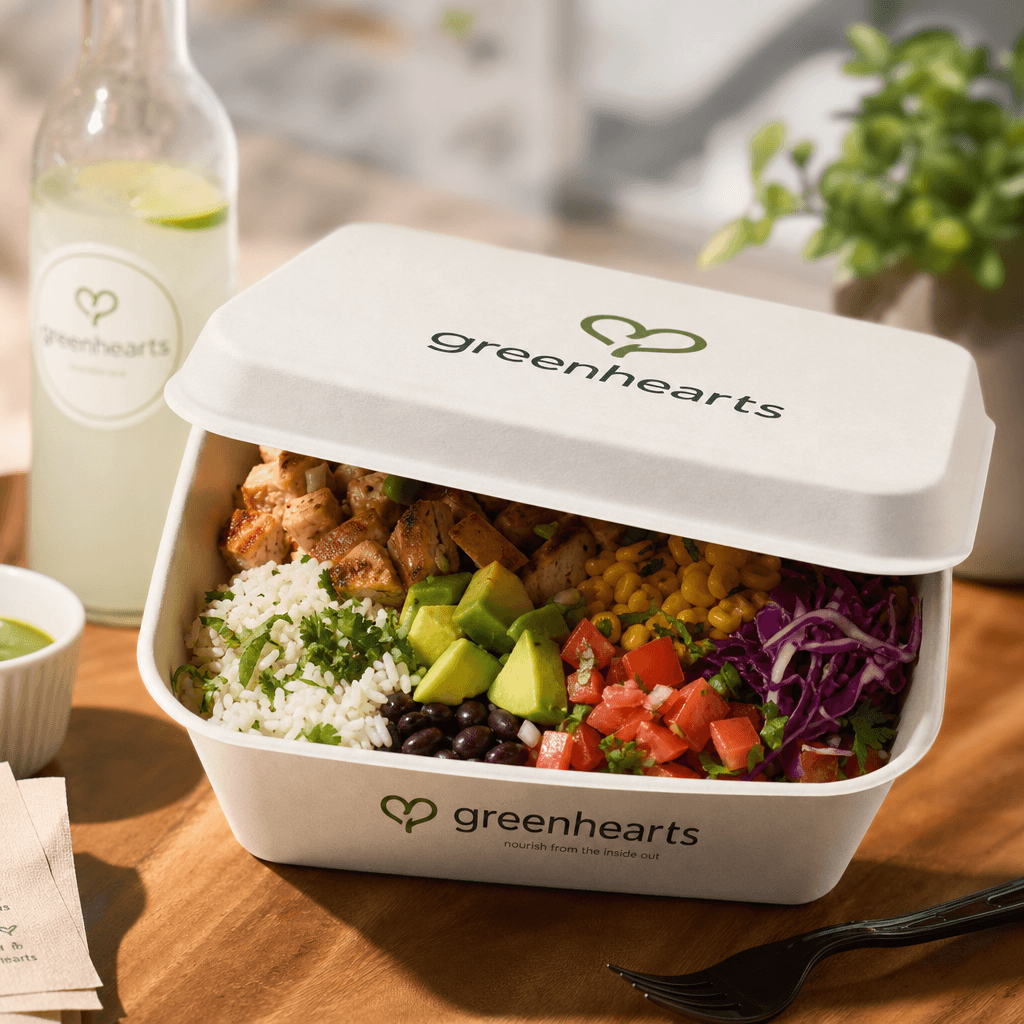 Modern food delivery lifestyle photograph. Branded takeout container slightly open revealing vibrant fresh appetizing me