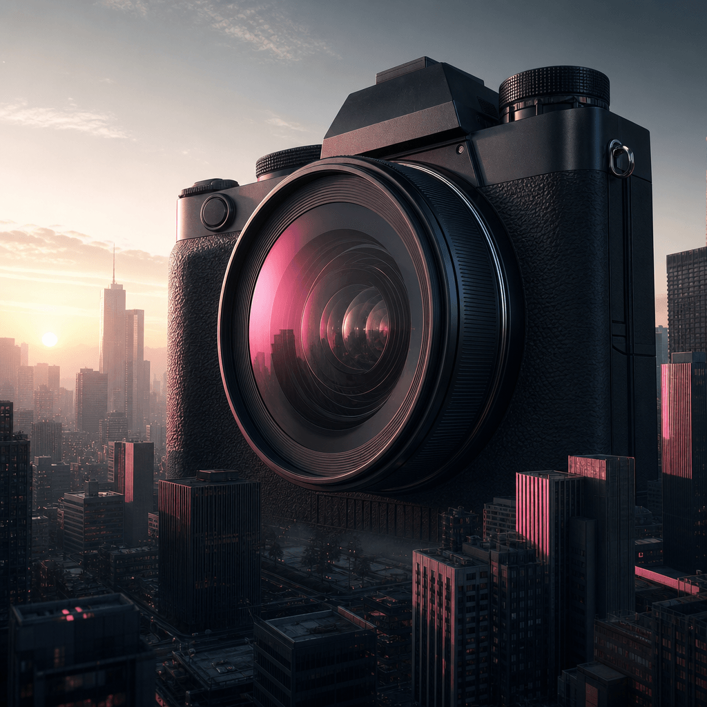 A colossal mirrorless camera standing among concrete office towers, its lens facing the viewer like a vast architectural