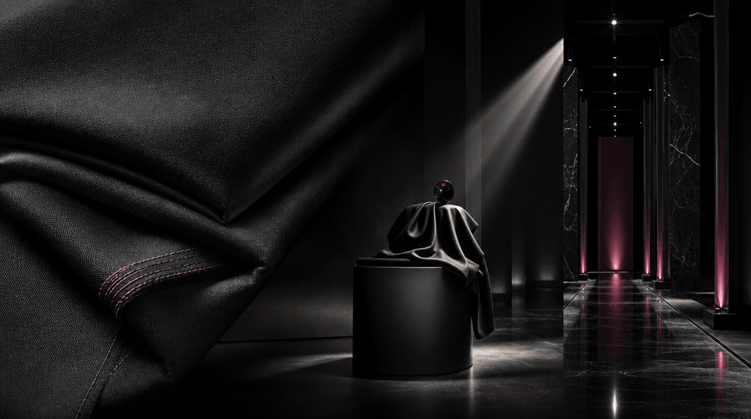 A complete fashion campaign world emerging from one garment: folded fabric transitioning into a studio backdrop, product