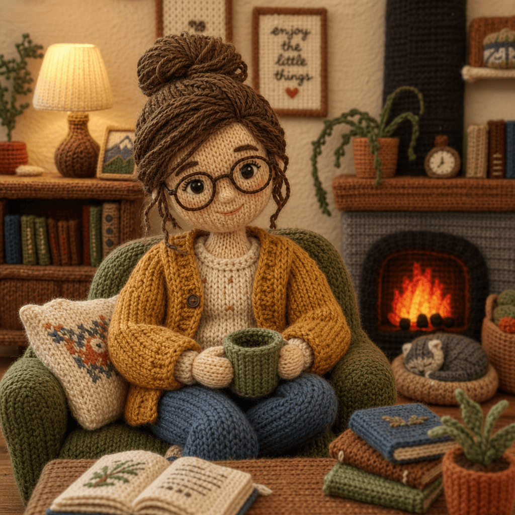 A knitted figure portrait in miniature room setting, cozy interior background, knitted textures prominent, warm color pa