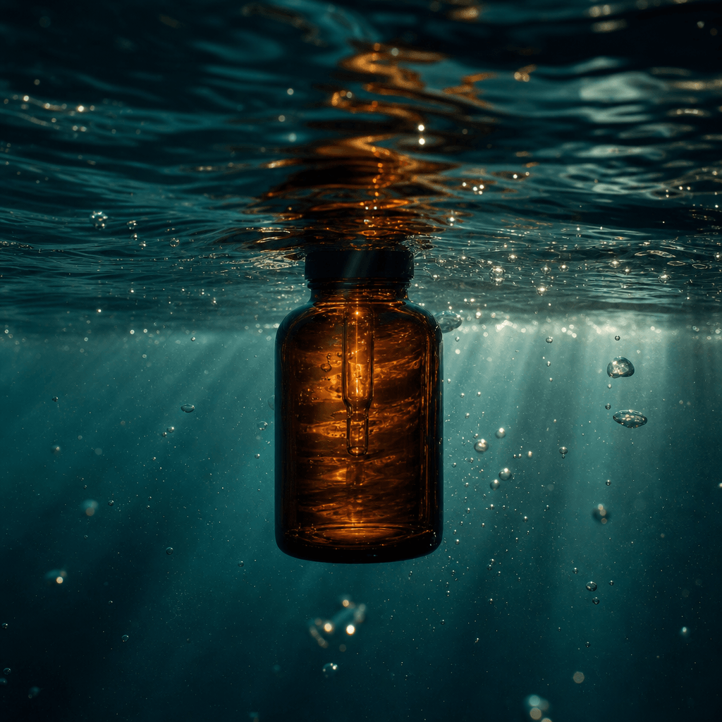 A deep amber wellness bottle floating just beneath a glassy ocean surface, viewed from water level with refracted sunlig
