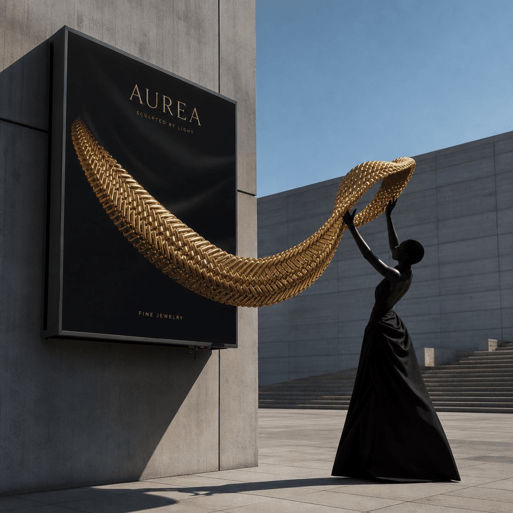 Square fashion advertising scene featuring a sculptural gold necklace emerging from a billboard beside a modern concrete