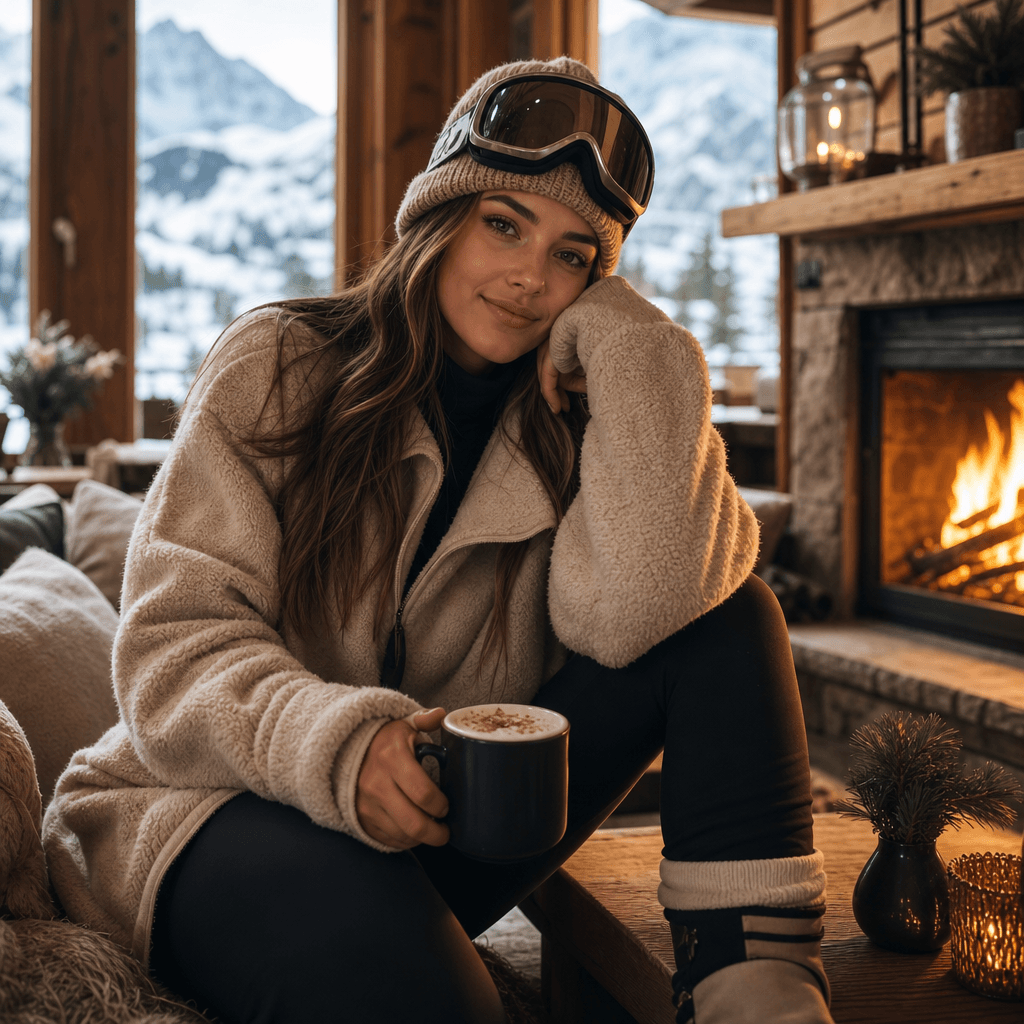 Indoor après-ski portrait with cabin aesthetic, warm tones and soft lighting, cozy mountain lodge environment, professio
