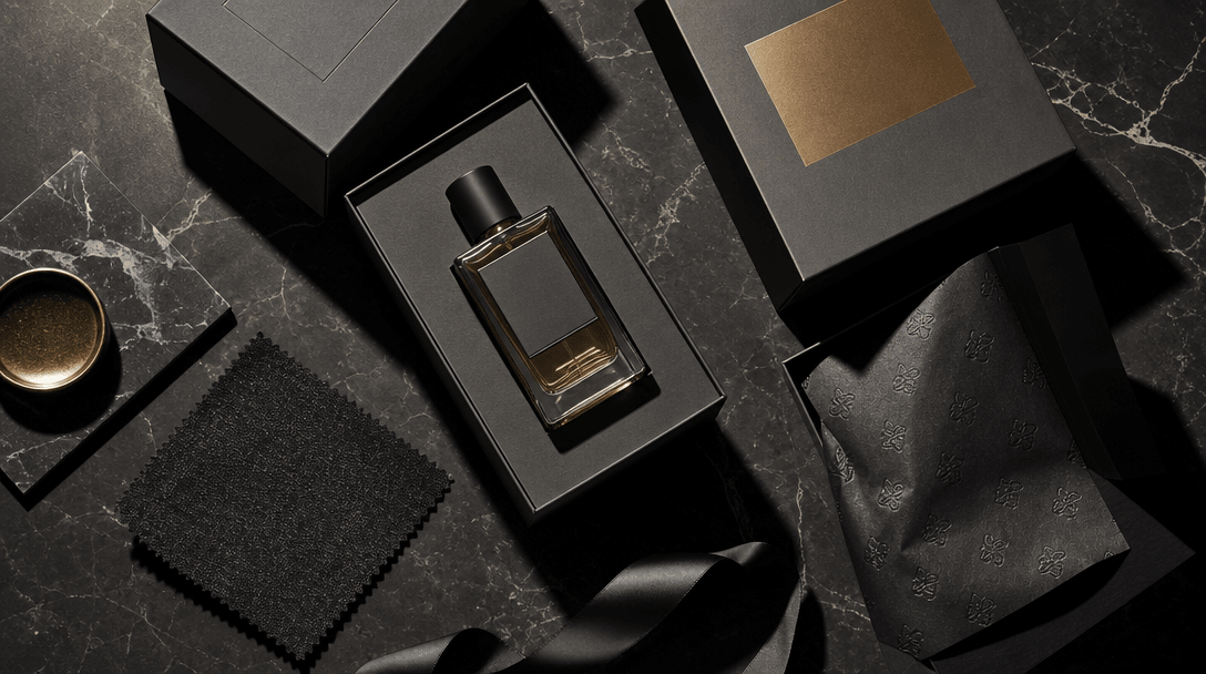 Editorial flat-lay: a curated arrangement of luxury product packaging — dark matte boxes, a statement product, fabric sw