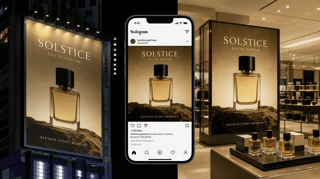 A product displayed in a professional advertising context: on a billboard, in a social media frame, in a professional re