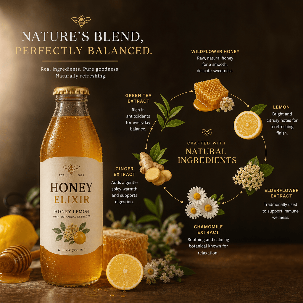 Food and beverage product with an animated ingredient wheel showing natural ingredients like honey, botanical extracts, 