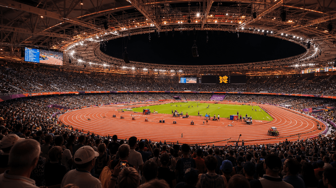 Professional Olympic stadium with dramatic warm sports lighting, athletic competition in center, crowd energy in backgro