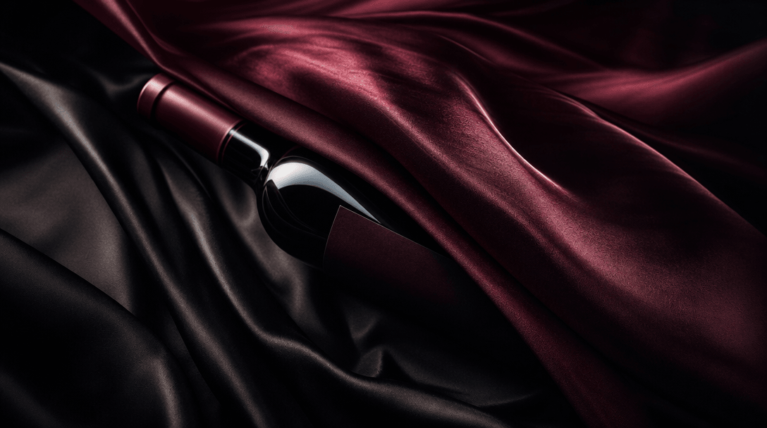 Cinematic scene of flowing dark silk fabric partially revealing a wine bottle beneath, deep burgundy and near-black tone