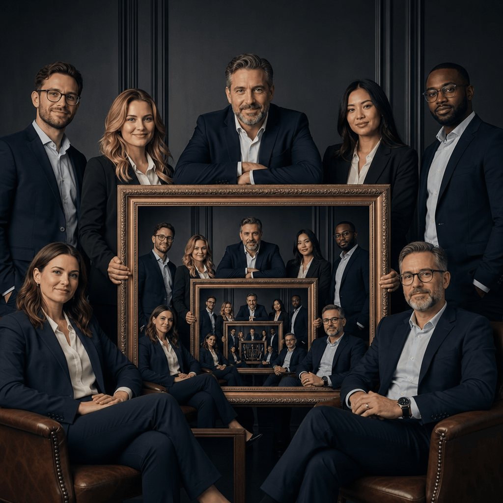 Professional corporate team portrait with recursive frame effect. Multiple people arranged naturally, nested frames crea