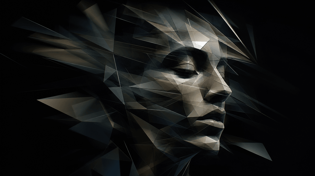 Abstract shifting geometric planes assembling into portrait shape, motion blur effects, dark background, angular crystal