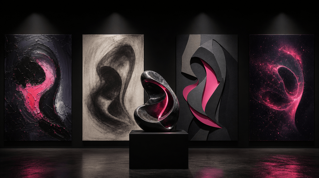 Four physical art panels arranged around one central sculptural object, each panel interpreting it through different mat