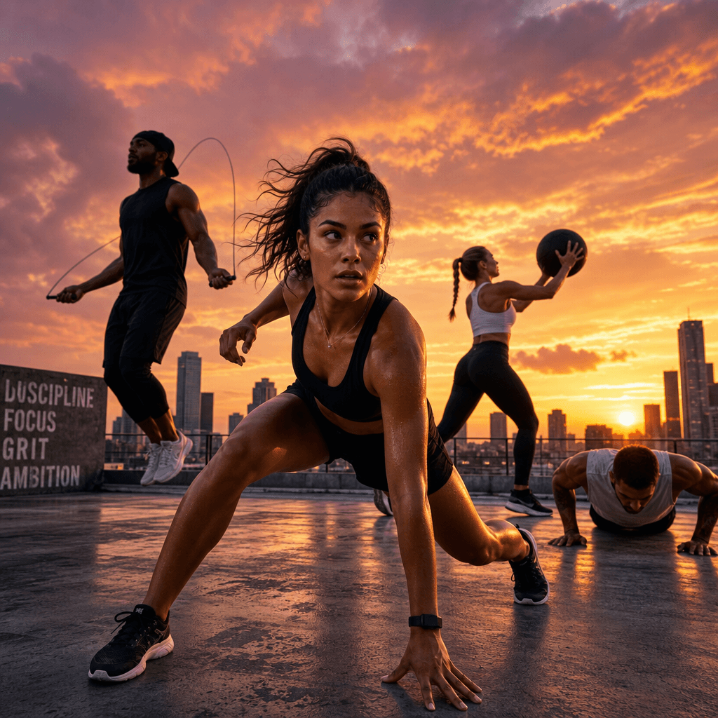 A dynamic shot of a group of athletes on a rooftop, performing various athletic poses against a stunning sunset backdrop