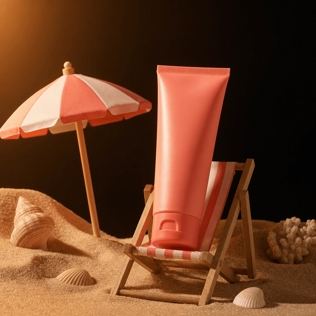 A coral-pink skincare tube posed upright on a miniature striped beach lounger beside a tiny parasol and smooth sand dune