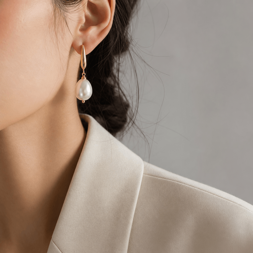 Editorial close-up of pearl drop earrings against the shoulder of a cream blazer. Neutral light grey background, soft di