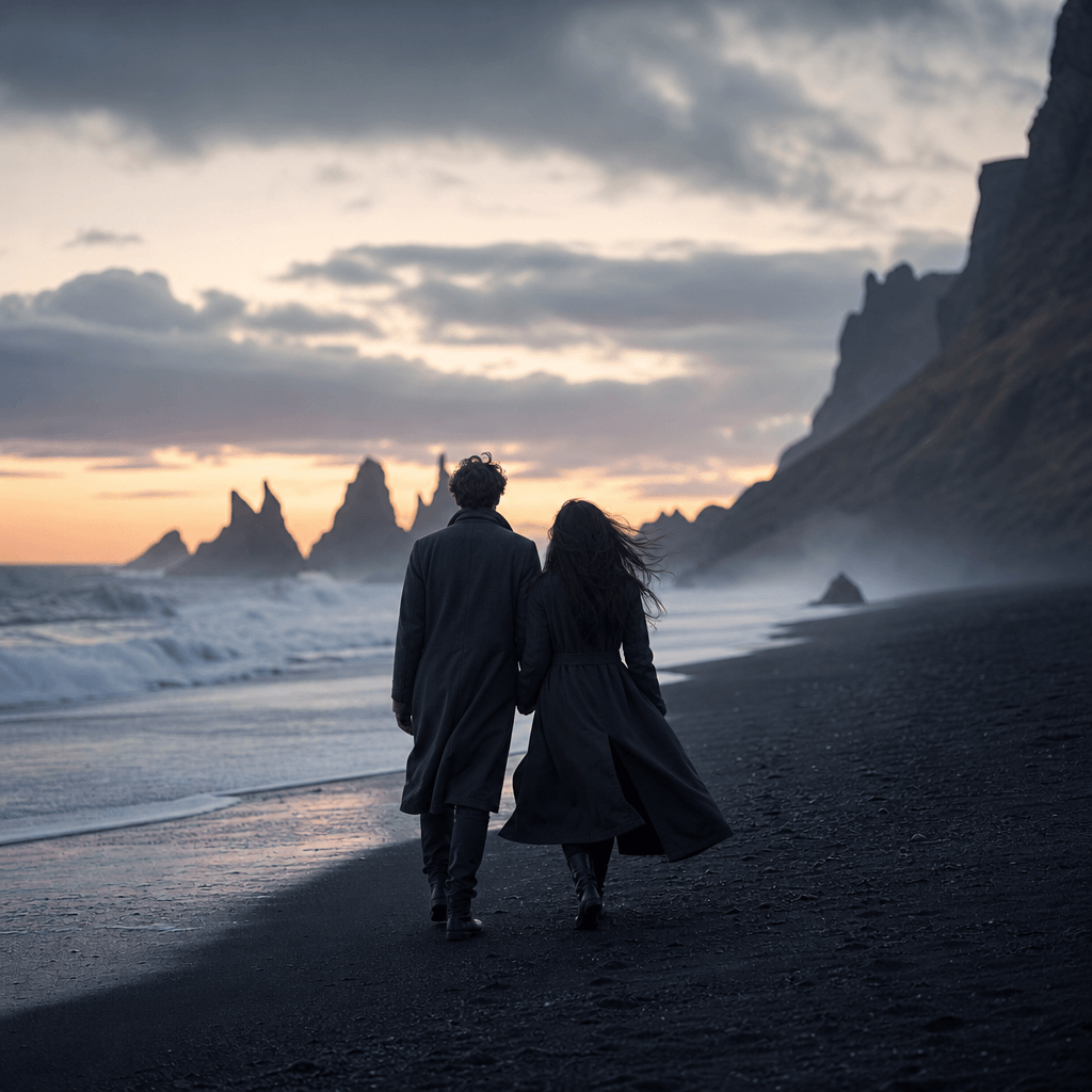 An anonymous adult couple walking along a quiet black-sand beach at dusk, photographed from behind with ocean mist and c